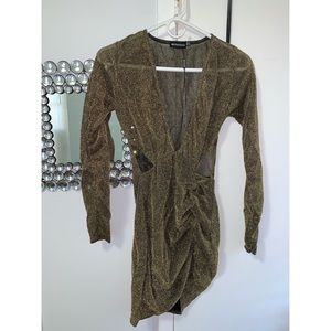 Gold glitter sheer cut out runched dress